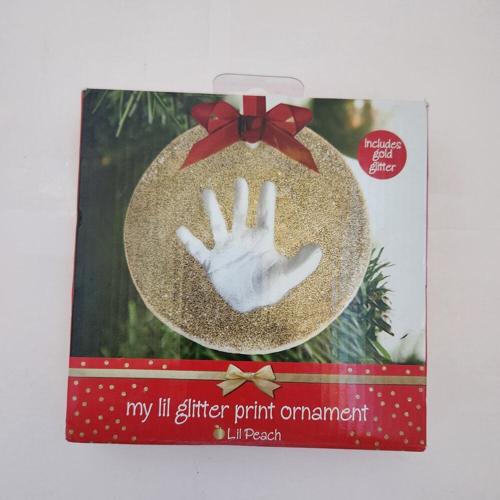 Lil Peach Hand Print Glitter Christmas ornament NIB